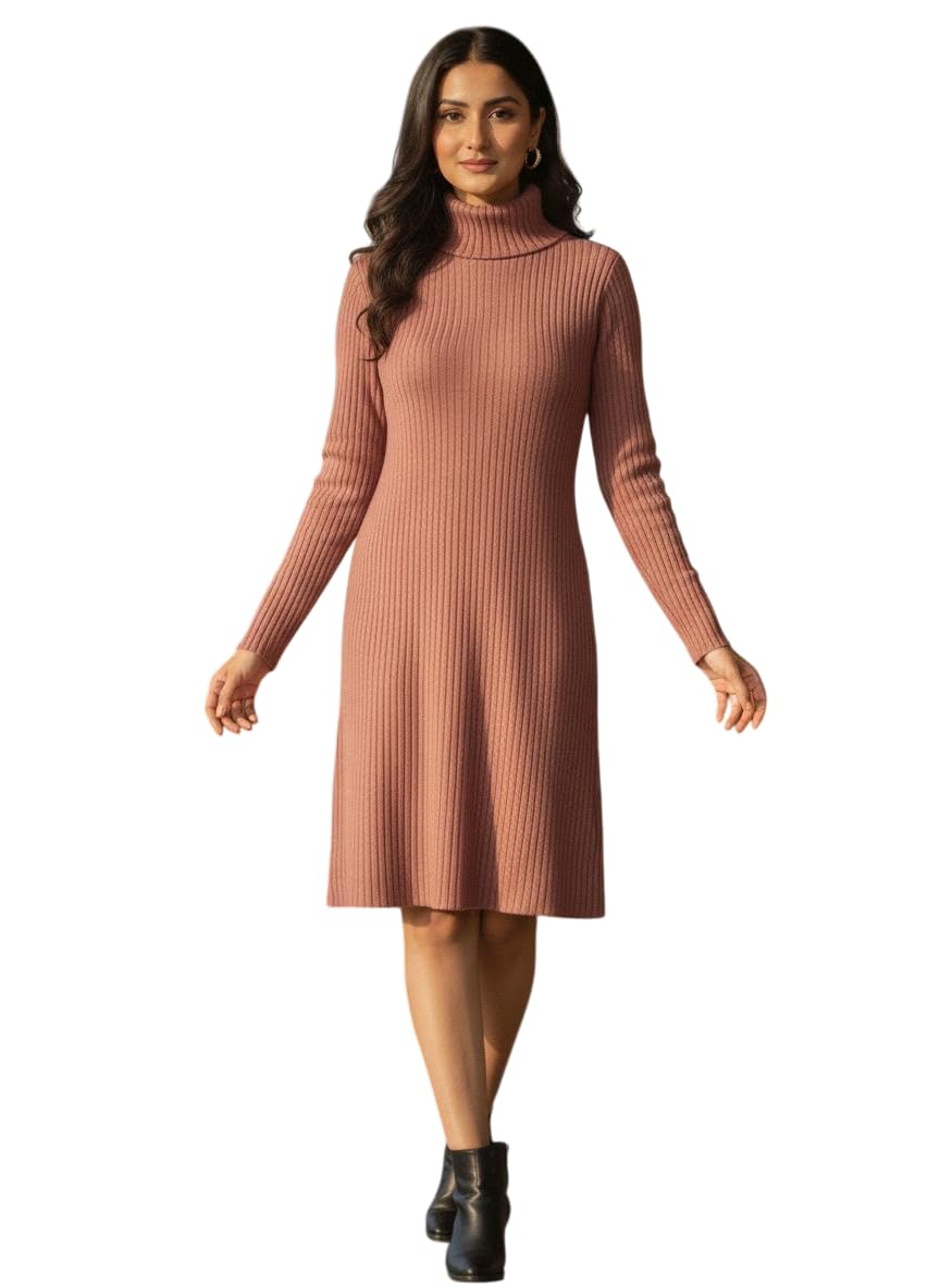 PatolaSwag Women’s Winter Knitted Warm High-Neck Knee-Length Dress – Peach Soft Ribbed Sweater Dress for Party, Office, Casual & Outing Wear (in, Alpha, M, Regular, Standard, Peach)