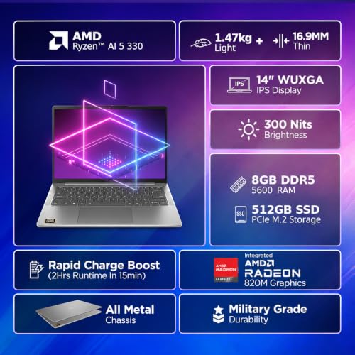 Lenovo IdeaPad Slim 5 AMD Ryzen AI 5 330 (8GB RAM/512GB SSD/14 (35.5cm)/WUXGA IPS/Copilot+ PC/Windows 11/MSO 365 Basic+Office 2024/1Yr ADP Free/Grey/1.47Kg), 83HX00DWIN AI Laptop