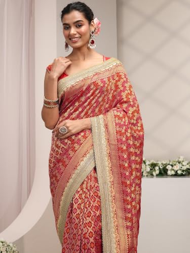 Libas Art bandhani floral woven Satin Saree For Women With Unstitched Blouse Piece | Traditional Saree For Festive & Wedding