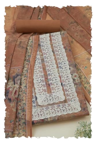 Soch Womens Rust Linen Floral Print Unstitched Dress Material With Pearl