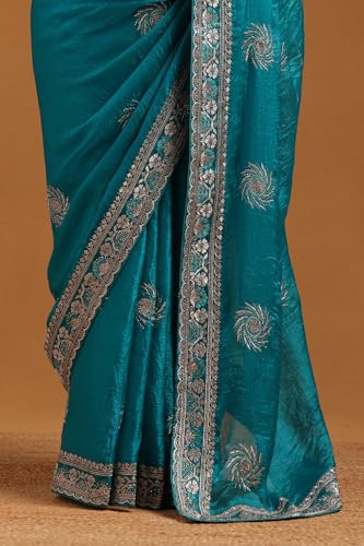 Soch Womens Turquoise Blue Fendy Organza Floral Saree With Zari Embroidery and stone work