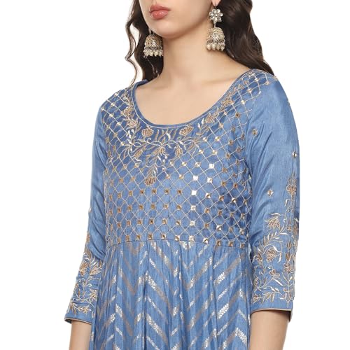 BIBA WOMEN YARNDYED ANARKALI SALWAR KURTA DUPATTA(SKDBANARASI8968_POWDER BLUE_34)