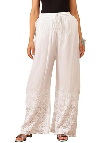 Ada Hand Embroidered Lucknow Chikankari Viscose Loose Fit Palazzo Pant Culottes for Women A711190 White (XS)