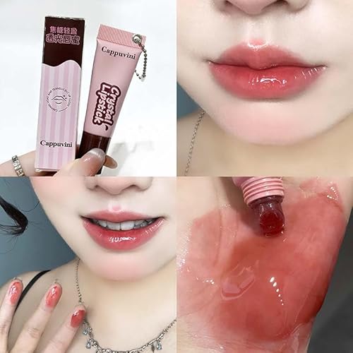 Cappuvini Crystal Lip Glaze | Transparent Jelly Texture | Long Stay with Lip Care Benefits | Adorable Keychain Packaging | Long-Lasting Lip Glaze with Glossy Finish | Light Pink & Purple Shades for Women | Korean Style Makeup for Girls & Teens (01# Strawb