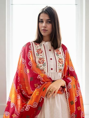 V4M Women's Cream Cotton Blend Floral Embroidered Anarkali Kurti & Plazzo Pant With Dupatta