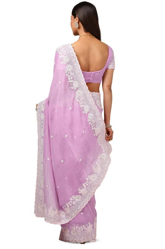 Soch Womens Lavender Organza Embroidered Saree With Beads And Stones