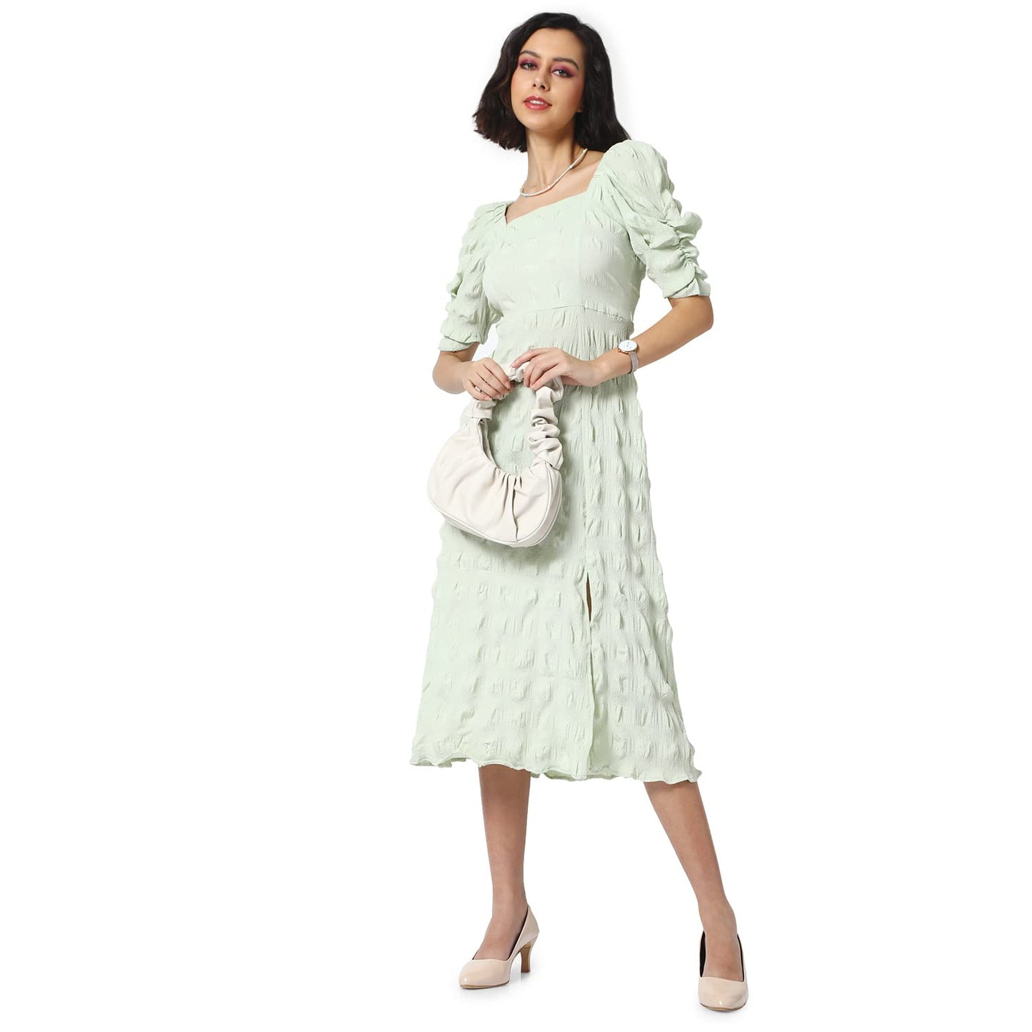 Campus Sutra Women's Creased Midi Dress for Casual Wear | Puff Sleeve | Midi Length | Pull On Closure | Dress Crafted with Comfort Fit for Everyday Wear Mint