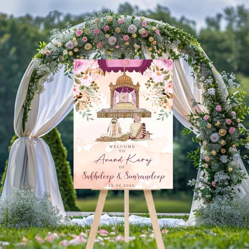 Party Perfect Designs Personalized Anand Karaj Welcome Board for Sikh Wedding Ceremony, Custom Name and Date Sign, 3mm/5mm Thickness, Premium Print, Multi Design Options (Blush Peach Pink)