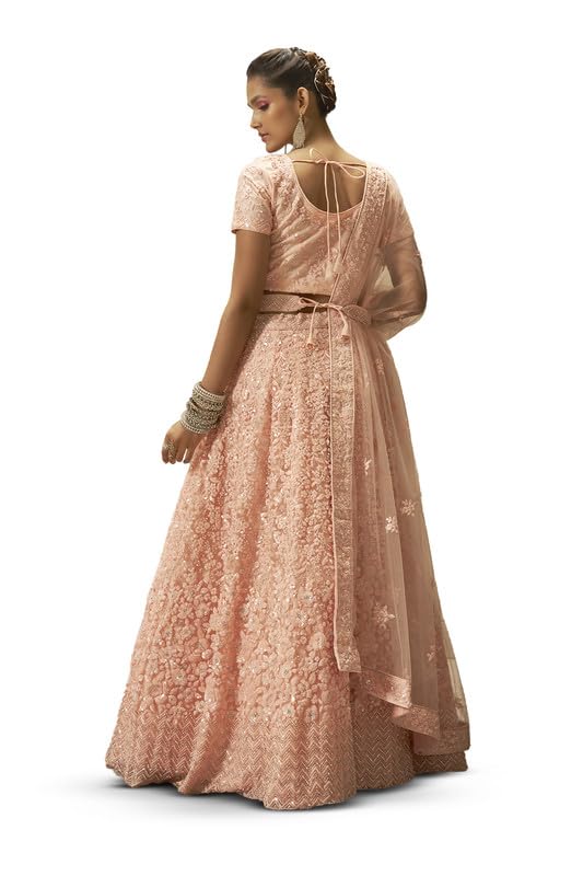 Soch Womens Peach Net Floral Embroidered Sequin Embellished Unstitched Lehenga Set