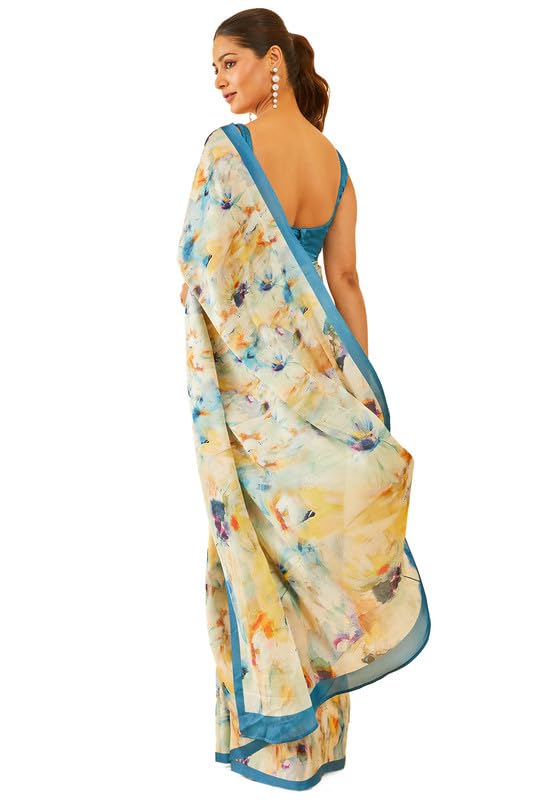 Soch Womens Blue Floral Print Crepe saree