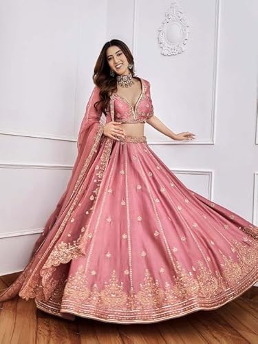 Zeel Clothing Women's Art Silk Semi-Stitched Sequins Dori Embroidered Lehenga Choli with Dupatta (7091-Pink--Lehenga-Choli-Latest; Free Size) (Pink)