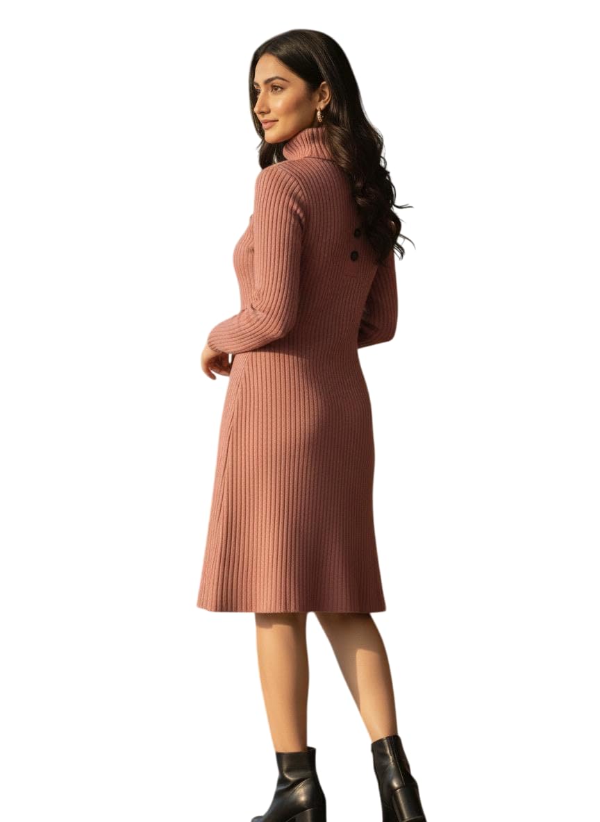 PatolaSwag Women’s Winter Knitted Warm High-Neck Knee-Length Dress – Peach Soft Ribbed Sweater Dress for Party, Office, Casual & Outing Wear (in, Alpha, M, Regular, Standard, Peach)