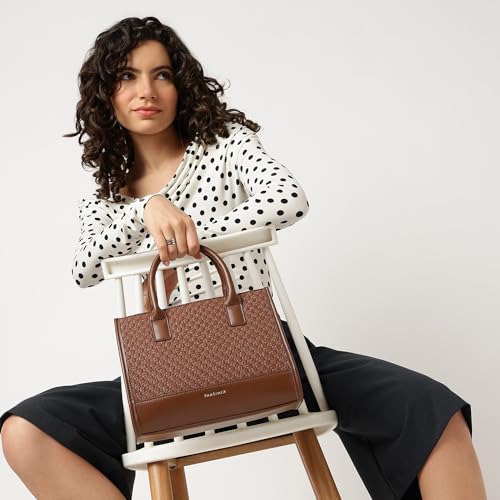 Fastrack Lattice Brown Satchel Bag | Faux Leather Woven Design | Three Compartment Satchel with Center Zipper Pocket & Organizer Pockets | Dual Carry Handles & Adjustable Strap