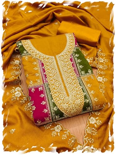 Leeli Peeri Designer Women's Vichitra Silk Embroidery Work Unstitched Salwar Suit Dress Material