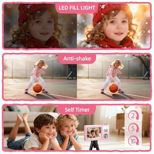 Digital Camera for Kids & Beginners, 4K Digital Camera with 64GB SD Card 16X Zoom Anti-Shake, Compact Point and Shoot Camera with 2.8" Screen, Portable Small Camera for Students, Travel & Gifts Pink