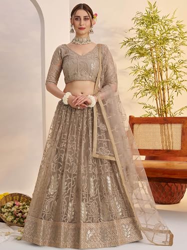 Zeel Clothing Women's Cotton Thread Sequins Work Embroidery Soft Net Lehenga Choli With Dupatta (NFH-2150-Matellic-Grey-Lehenga-Choli; Free size) (Matellic Grey)