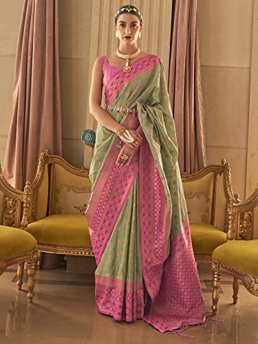 AKHILAM Women's Banarasi Silk Blend Woven Design Saree With Unstitched Blouse Piece (Green_KMSRA11006_RB)
