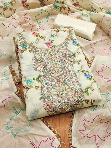 Leeli Peeri Designer Women's Chanderi Printed With Hand Embroidery Work Unstitched Salwar Suit Dress Material