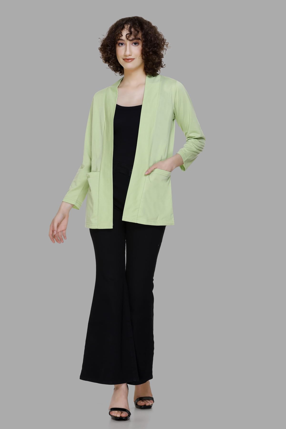 Plush Women's Cotton Waterfall Front Open Regular Mid Length Shurgs | Girls/Ladies Shrug with Front Pockets (2XL-Light Green)