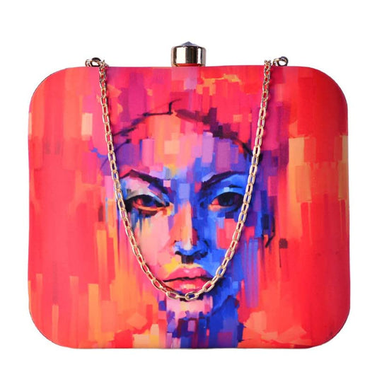 Artklim Blue Face Lady Clutch With Bright Orange Background