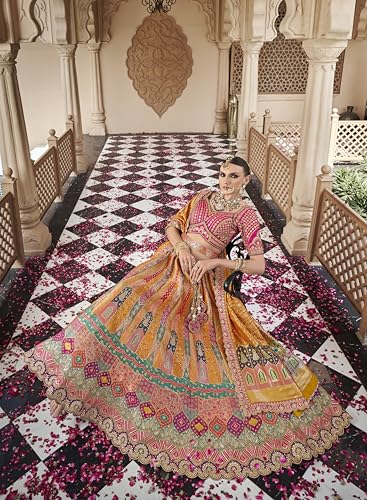 Traditional Bridal Lehenga Choli, Pink and Orange Multicoloured, Heavy Embroidered, with Designer Jewellery Set