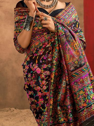 AAHLYO WOMEN'S Kashmiri Jal Cotton Patola Saree for Women | Cotton Saree | Sarees with Unstitched Blouse (BLACK)
