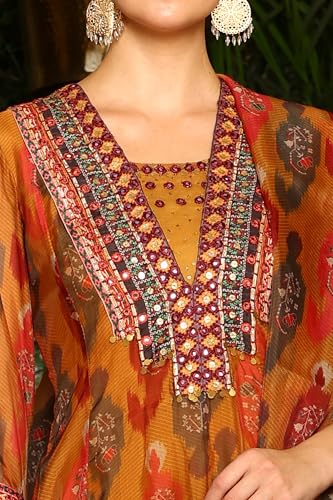 W for Woman Mustard Yellow Ikkat Printed Embellished Organza Anarkali Kurta, Churidar and Dupatta Set (Size: S)-24AUWS11507-124574