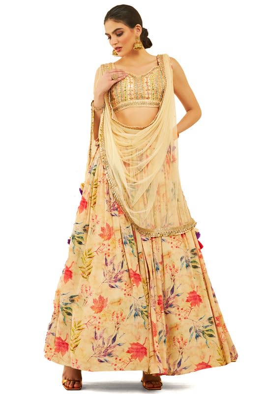 Soch Womens Beige Crepe Embellished lehenga Choli With Mirror Work