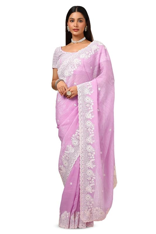 Soch Womens Lavender Organza Embroidered Saree With Beads And Stones