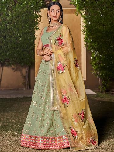 Zeel Clothing Women's Zari Sequins Embroidered Georgette Lehenga Choli With Dupatta (5086-Pista-Wedding-Stylish-New; Free Size)