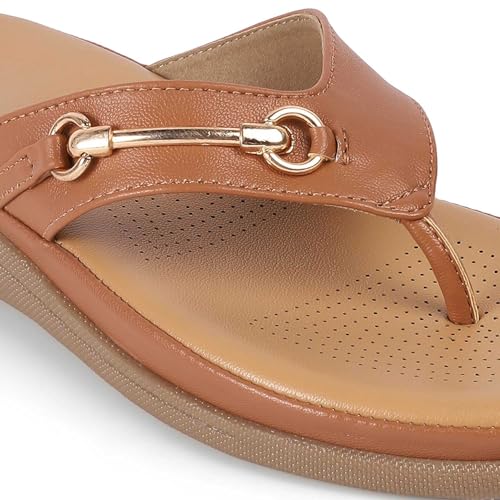 tresmode BACKS Women's Flats Sandals Stylish Tan, 6 Uk / 39 EU - Round Open Toe Ladies Dress Footwear Soft Comfortable