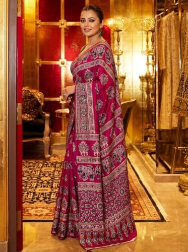 ORHANS Women's Modal Silk Saree with Unstitched Blouse Piece Animal Printed Pattern and Elephant Theme | Womens Ethnic Sarees | Sari for Womans | Stylish Saree fo Women Lightweight