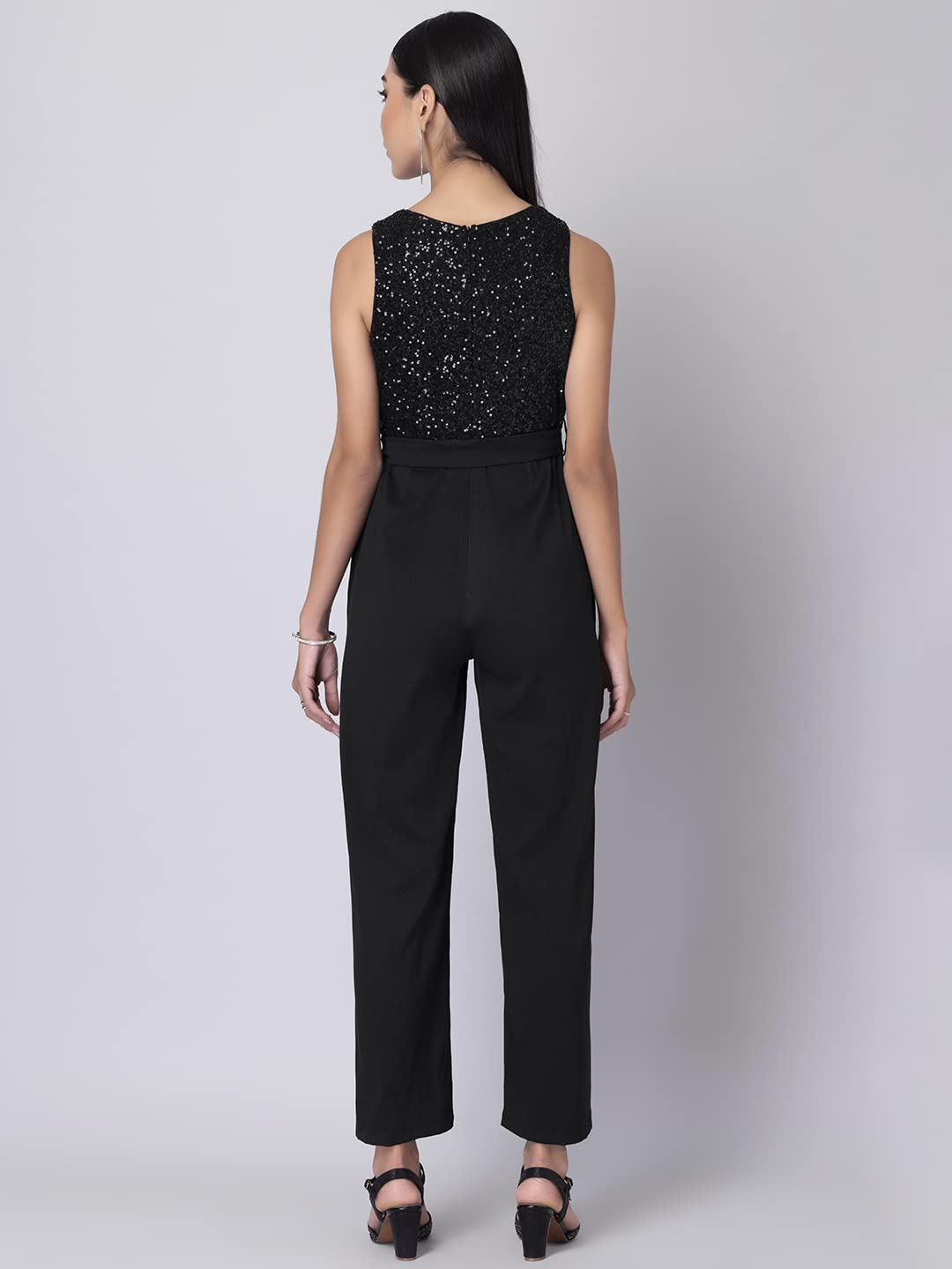 Faballey Black Sequin Sleeveless Belted Jumpsuit