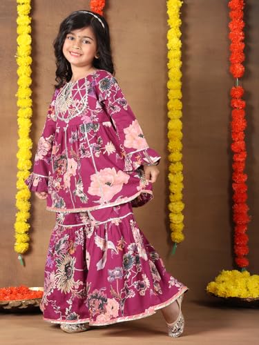 superminis Girls Cotton Floral Printed Gotta Work Full Sleeves Kurti and Matching Sharara Ethnic Wear Set (6-12 Months Purple)