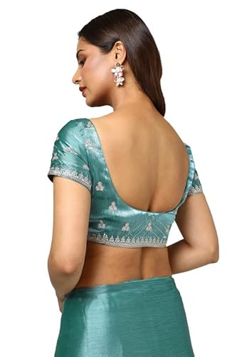 Soch Womens Teal Organza Embroidered Saree With Stone Work
