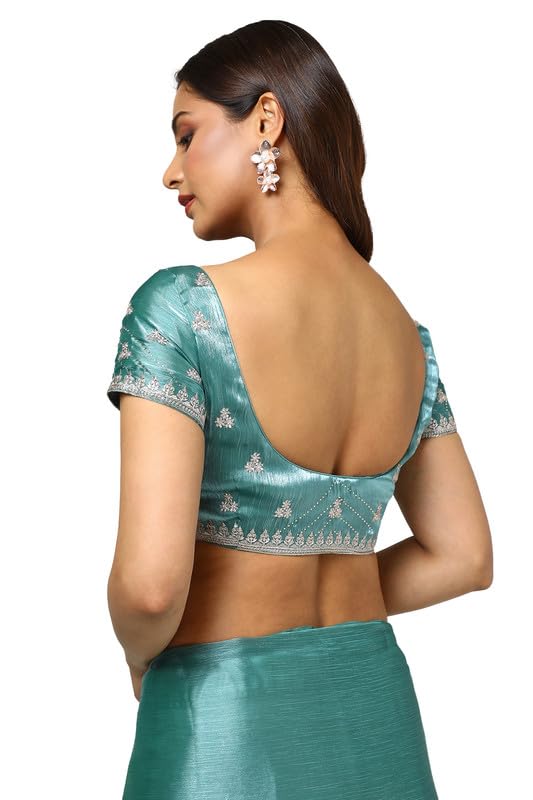 Soch Womens Teal Organza Embroidered Saree With Stone Work