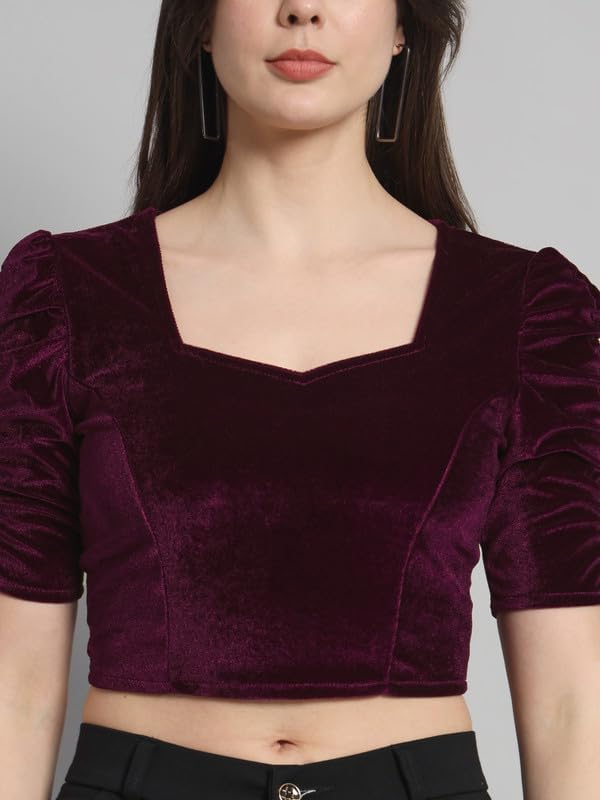 Vaararo Velvet Blouse Tops for Women | Party Puff Sleeves Readymade Outfit Wine XXX-Large