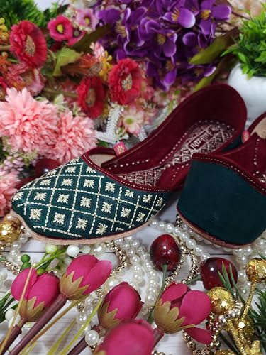 Fulkari Women Green Lotus Gold Casual Genuine Soft Leather Jutis | Bite and Pinch Free Juttis | Punjabi Jutti | Girl's Office Flat Ladies Mojari | dailywear Ethnic Juti | 37