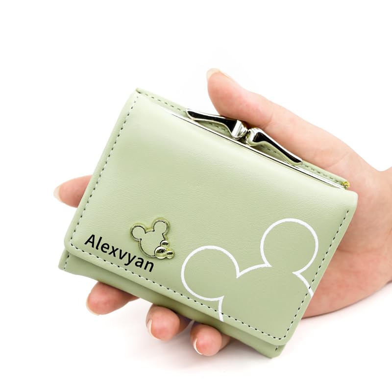 Alexvyan Green Mickey Small Tri-Fold Women's Purse Wallet Card Organizer Female Hand Purse Clutch Women/Ladies/Girls Wallets 5 Card Holder 1 Long & 2 Small Pocket -1 Coin Pocket