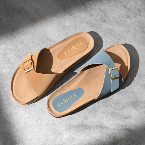 Indifeet Cork Sandal for Women Stylish Buckle Sandals Footwear Ladies Light Slippers Flats Women’s Double Strap Casual Corks Flat Womens Adjustable Slides Girls Daily Use Water Resistance Chappal Blue