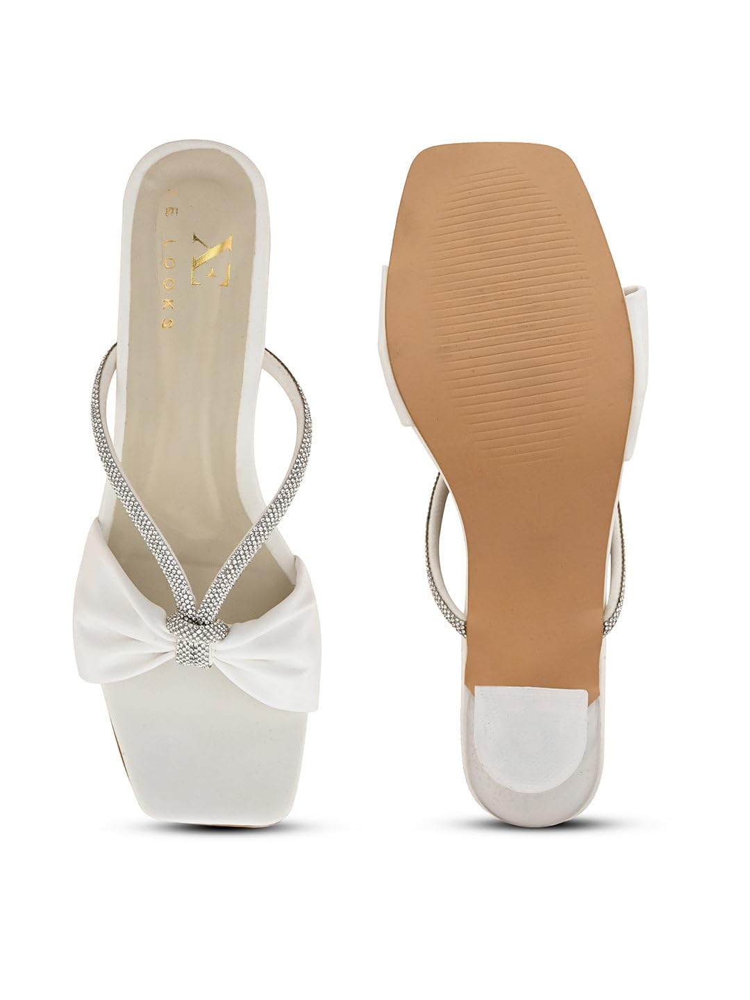 XE Looks Women's White Stylish Knot Bow Slip-On Sandals | Crystal Embellished Straps with Clear Heels | Rhinestone Strap With Transparent Block Heels For Girls & Women