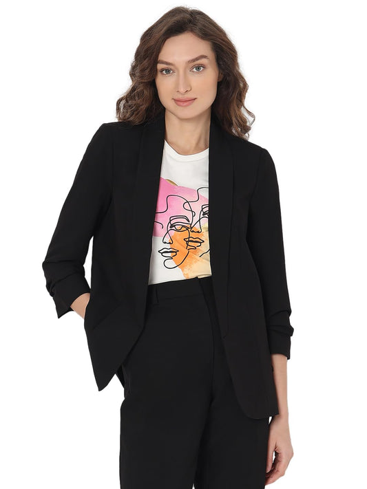 VERO MODA Women Solid Black Relaxed Fit Single Breasted Blazer
