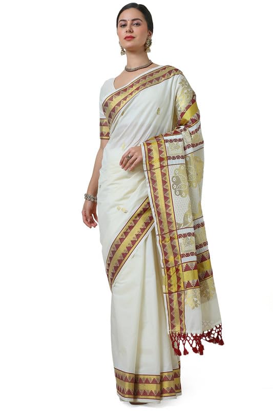 Soch Womens Cream Cotton Blend Woven Design Kasavu Saree With Tassels