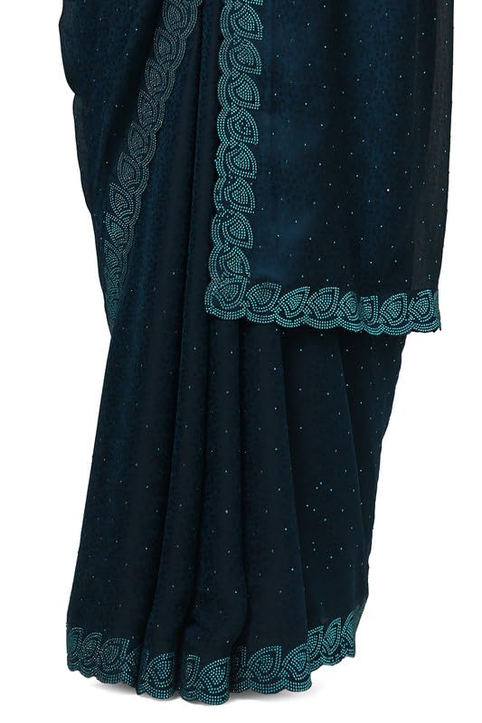 Soch Womens Teal Chiffon Floral Print Saree With Stone Work