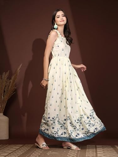 Daevish Women Floral Printed Fit and Flare Maxi Dress | Women Maxi Dress Blue