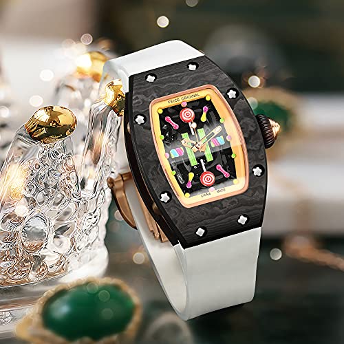 FEICE Women's Automatic Wrist Watch Fashion Skeleton Mechanical Watch with Carbon Fiber Strap Luminous Waterproof Wristwatch for Ladies FM606 (Black&White)