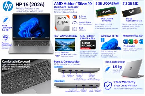 HP 16 (2026), AMD Athlon Dual Core Silver 10 - (8 GB DDR5/512 GB SSD/AMD Radeon 610M Graphics/Windows 11 Pro) Thin and Light Business Laptop/16.0" WUXGA Display/Silver/Copilot Key/1.5 Kg/MSO 2024