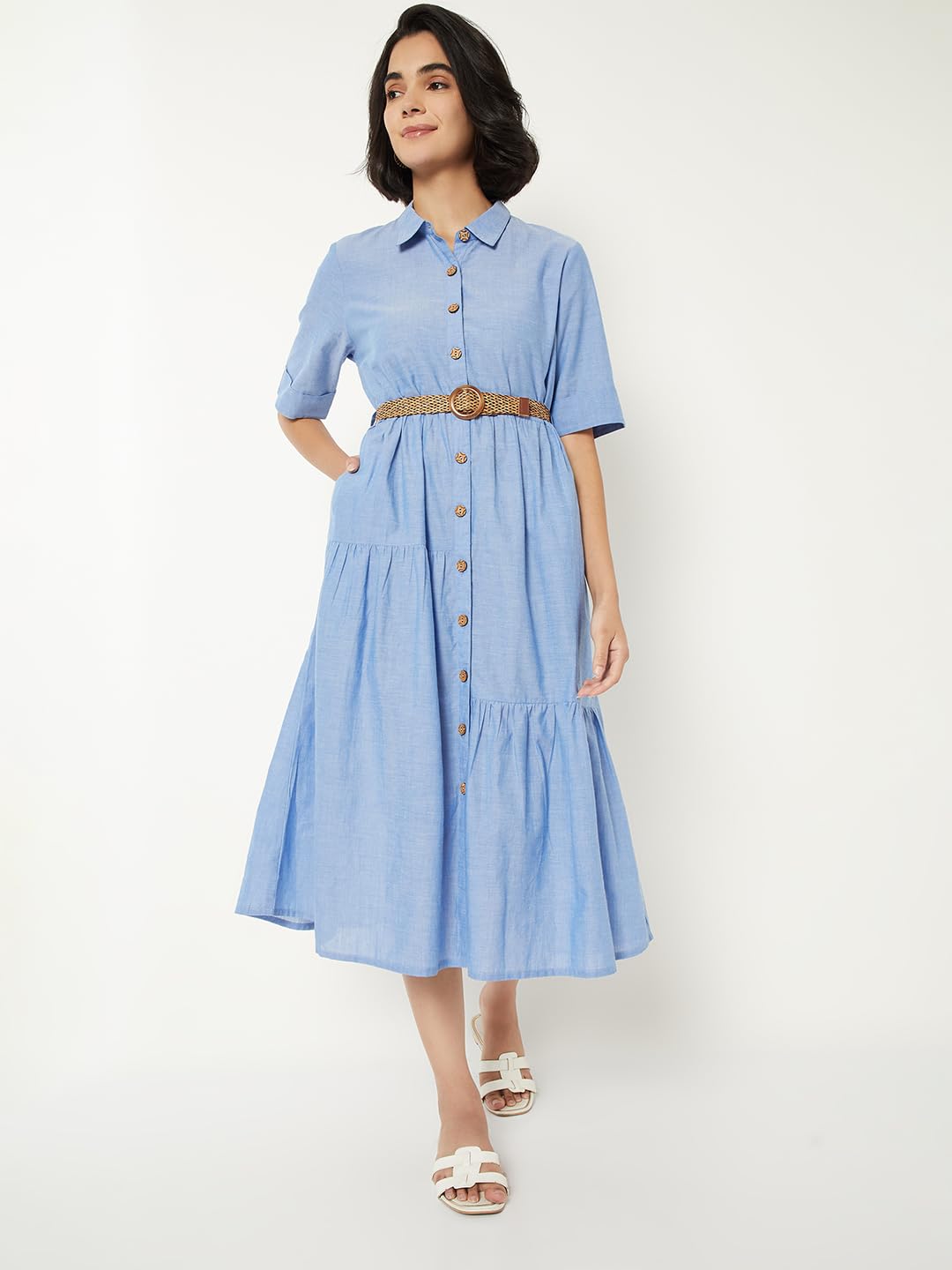 Max Women Solid Shirt Dress with Belt (Blue_L)