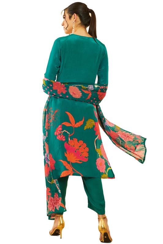 Soch Womens Teal Crepe Floral Placement Printed Suit Set With Gotta Patti