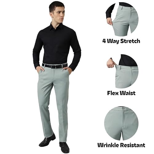 SUBTRACT Men 4 Way Stretch Wrinkle Free Slim Fit Formal Trouser in Mintgreen with 2 Inch Flexible Waistband | Men's Trousers for Office Or Party (Mintgreen,34)
